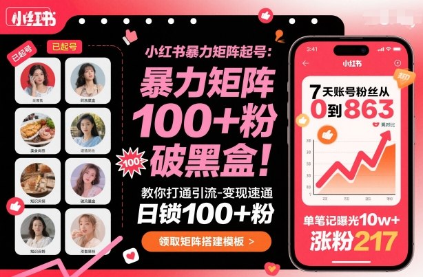 小红书暴力矩阵起号，教你打通引流-变现速通，日锁100+粉，破流量黑盒-升阶有道