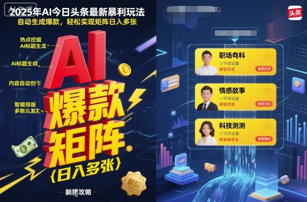 2025年AI今日头条最新暴利玩法，自动生成爆款，轻松实现矩阵日入多张-升阶有道