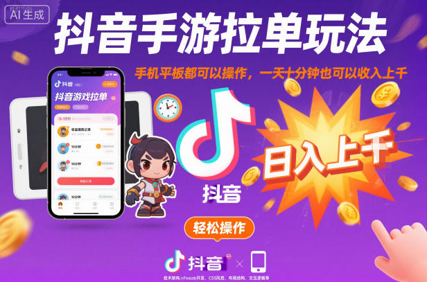 抖音手游拉单玩法，手机平板都可以操作，一天十分钟也可以收入上K【揭秘】-升阶有道