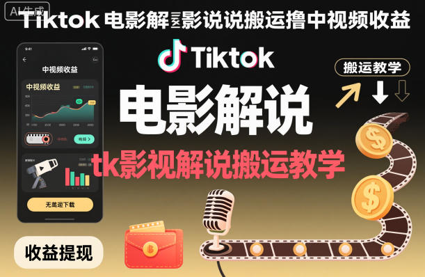 Tiktok电影解说搬运撸中视频收益，tk影视解说搬运教学-升阶有道