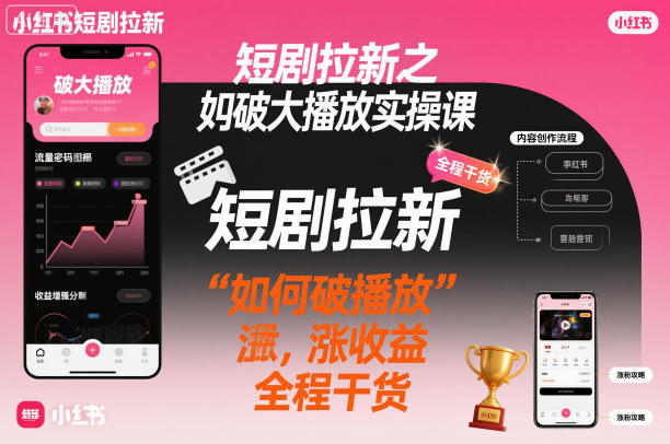 短剧拉新之小红书如何破大播放实操课，如何破播放，涨收益，全程干货-升阶有道