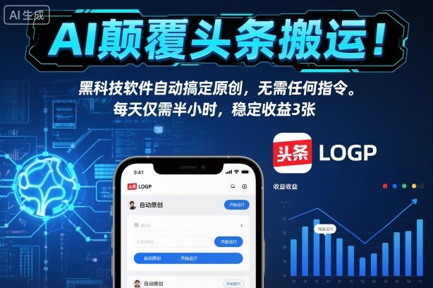 AI颠覆头条搬运！黑科技软件自动搞定原创，无需任何指令。每天仅需半小时，稳定收益3张【揭秘】-升阶有道