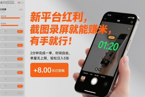 新平台红利，截图录屏就能賺米，有手就行！2分钟完成一单，时间自由，单量无上限，轻松日入5张【揭秘】-升阶有道