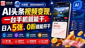 AI头条视频变现，一台手机就能干，日入5张，0粉就能开干-升阶有道