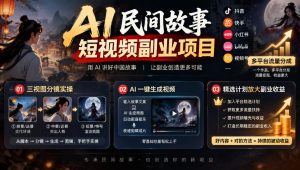 AI民间故事短视频副业项目，多平台流量分成，三视图分镜实操，精选计划放大副业收益-升阶有道