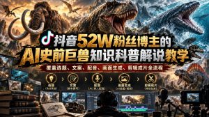 抖音52W粉丝博主的AI史前巨兽知识科普解说教学，覆盖选题、文案、配音、画面生成、剪辑成片全流程-升阶有道